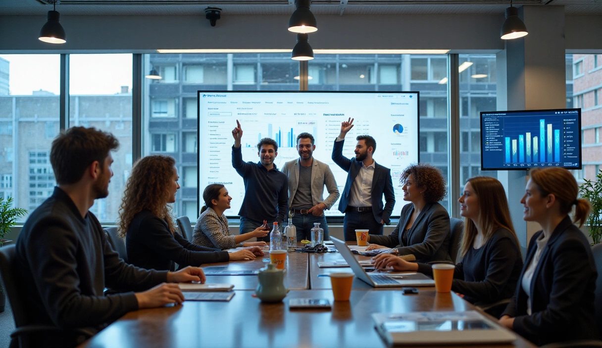 Equipo de SolisGrid.digital celebrando un hito en su oficina moderna