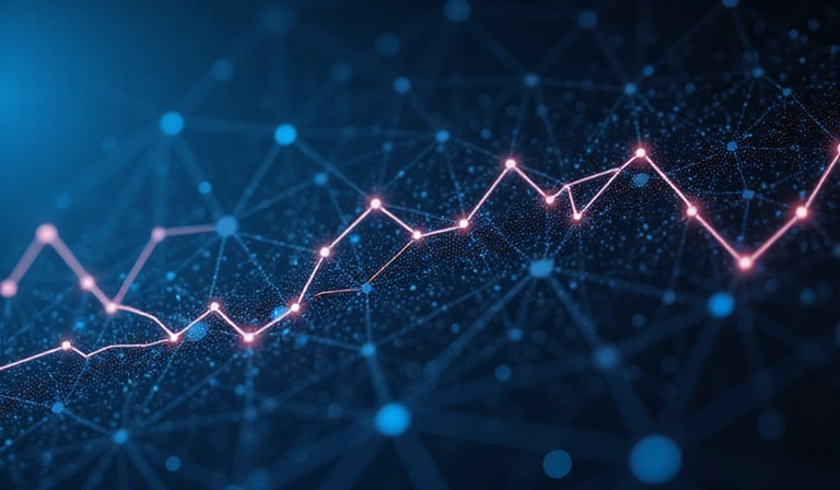 Gráfico abstracto de datos predictivos con líneas y puntos que se conectan, representando el flujo y análisis de información.