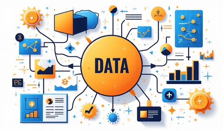 Representación visual de un flujo de datos y análisis, con iconos de gráficos y estadísticas