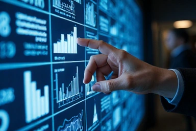 Mano tocando una pantalla con gráficos de datos