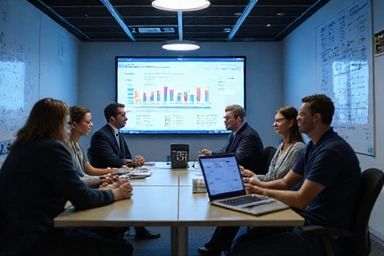 Personas colaborando alrededor de un tablero de datos