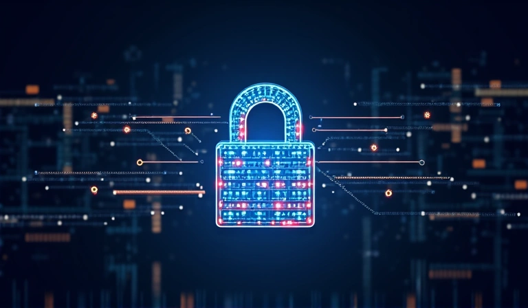 Icono de un candado digital con datos siendo transferidos de forma segura