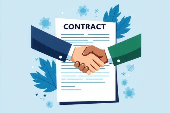 Ilustración de un contrato digital con un apretón de manos