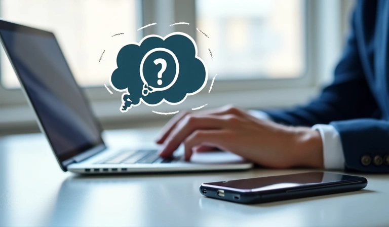 Persona escribiendo un correo electrónico en una computadora, con un teléfono al lado y una burbuja de diálogo que representa una consulta.