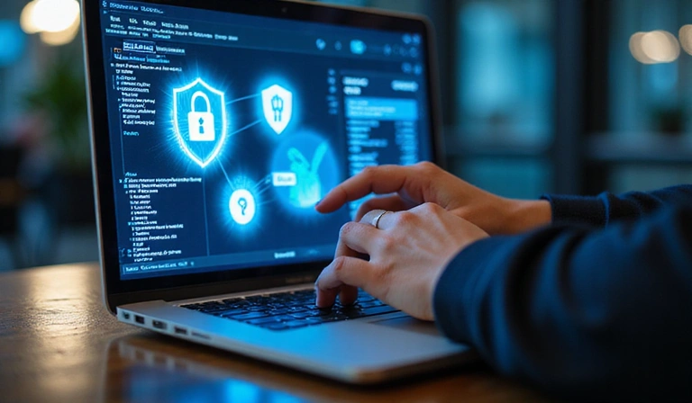 Representación de un usuario interactuando con un sitio web de forma segura y ética, con elementos gráficos que sugieren privacidad y protección de datos.